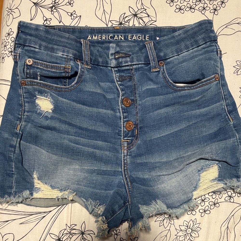American Eagle Outfitters Distressed Blue High-Rise Denim Shorts